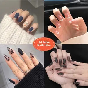 Collage of four press-on nail styles including checkered green and French tips, 24 pieces set