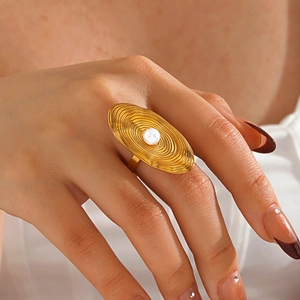 Stainless Steel Artificial Pearl Ring Gold Plated Oval Concentric Wave Texture Statement Jewelry For Women Adjustable Fashion