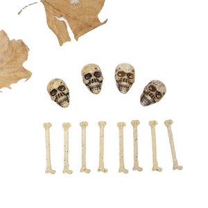 Halloween DIY plastic skeleton set with 4 skulls and 8 bones on white background