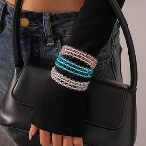 Three-layer beaded geometric glass bracelets set for women in pink, blue and clear colors
