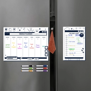 Magnetic weekly planner and to-do list set on fridge with 6 colored dry erase markers