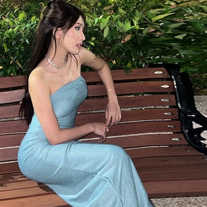 Funkelndes hellblaues trägerloses Pailletten-Meerjungfrauenkleid für Damen, elegantes Abendkleid
