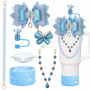 Set Accessori per Bicchiere in Silicone Copertura per Cannuccia Ciondolo Fiocco Catena di Perle Decorazione con Strass per Tazza Stanley