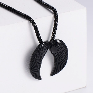 Punk style black stainless steel angel wing pendant necklace on geometric prop