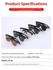 Detailed size and material specs for retro sunglasses with PC frame and glass lenses