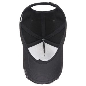 Distressed black cotton baseball cap with frayed edges and 3D embroidery detail