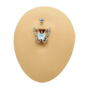 Minimalist light blue acrylic butterfly belly ring with sparkling white rhinestones