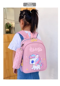 Pink unicorn kids backpack set with matching star pattern pencil case and cute cartoon prints