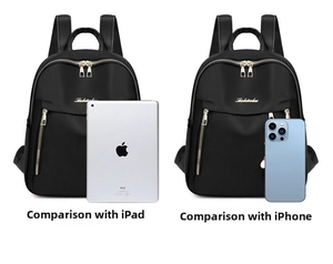 Size comparison of black Oxford backpack with iPad and iPhone showing large capacity