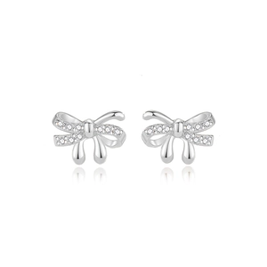 Elegant S925 silver bow stud earrings with sparkling cubic zirconia on white background
