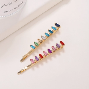 Elegant pair of gold-plated hair clips with vibrant rectangular colorful rhinestones