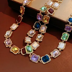 Vintage Square Rhinestone Necklace Alloy Colorful Artificial Gemstone Luxury Geometric Clavicle Chain Jewelry For Women