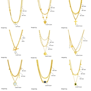 Gold multi-layer stainless steel necklaces with heart pearl and cross pendants