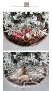 Close-up of snowflake knit Christmas tree skirt with plush faux fur trim and gnome decor