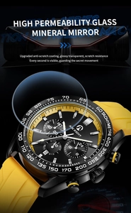 Close-up detail of men's sports watch showing high permeability mineral glass and scratch resistance.