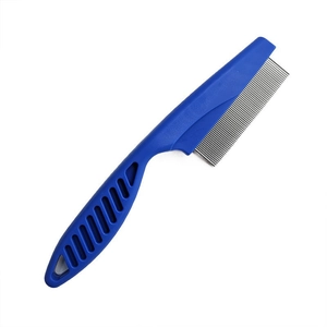 Close-up of blue pet flea comb with fine metal teeth for cats and dogs grooming