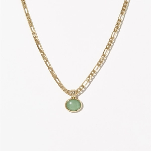 18K gold plated Figaro chain necklace with round green aventurine gemstone pendant