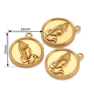 Golden stainless steel circular praying hands pendant measuring 16mm by 19mm for jewelry DIY