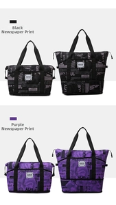 Macro detail of high-capacity travel bags with vintage newspaper print in purple and black