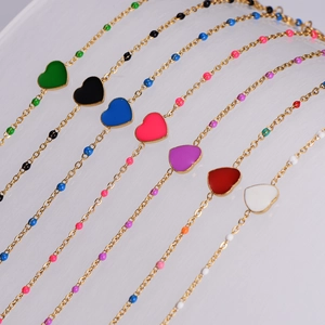Bohemian 18k gold plated heart charm bracelet with colorful beads and enamel drip
