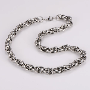 Detailed view of silver stainless steel twisted rope chain necklace with lobster clasp