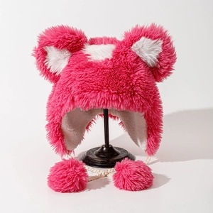 Pink plush hat with cute bear ears and long faux fur earflaps for women and kids