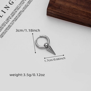 Detail shot of punk stainless steel stud earring with cone pendant and size parameters
