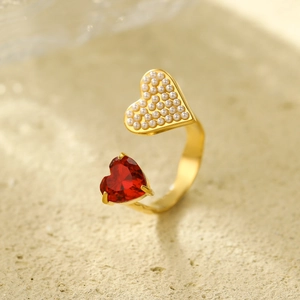 Double-layered gold open ring with red heart stone and pearl accents for women