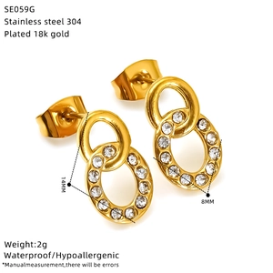 Macro shot of 18k gold plated interlocking circle earrings with inlaid zircons and dimensions