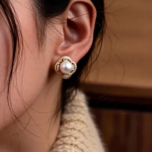 French palace style pearl stud earrings with zircon halo and gold plating for women