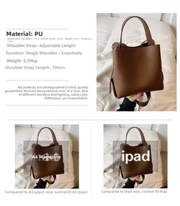 Detailed size specifications for the brown bucket bag showing dimensions and adjustable strap