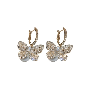 Elegant butterfly stud earrings with rhinestones and faux pearls in gold finish