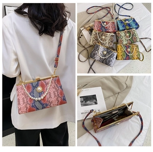 Collage de pochettes motif serpent avec chaînes en perles en plusieurs couleurs vives