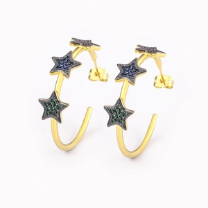 18k gold plated C-shaped earrings with colorful star-shaped crystals on white background