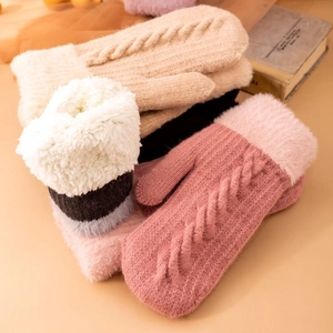 Winter cable knit mittens with fleece lining in pink and beige colors