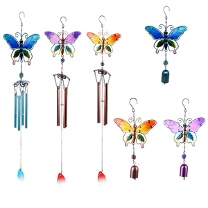 Butterfly Wind Chimes Metal Hand Painted Glass Hanging Ornament For Outdoor Garden Patio Home Decor With Bells Tubes