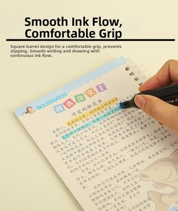 Detailed ergonomics of a square marker pen on a calligraphy practice workbook with illustrations