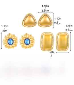 Detailed size chart showing dimensions of rectangular and floral stainless steel earrings