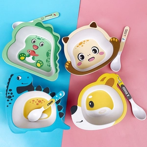 Cartoon bamboo fiber kids bowl and spoon set featuring colorful dinosaur animal shapes