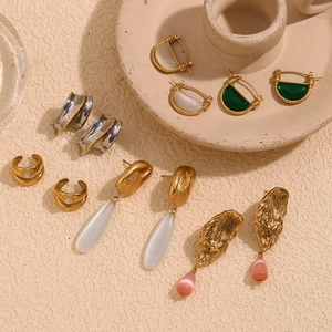 Boucles d'oreilles vintage en acier inoxydable plaqué or 18K avec pierres naturelles