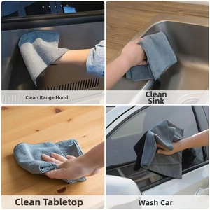 Multi-use dark grey microfiber cleaning cloth shown in kitchen and automotive scenarios