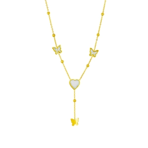 Elegant gold titanium necklace featuring white shell butterfly and heart fringe pendants