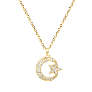 Elegant gold titanium steel necklace with star and moon pendants featuring sparkling zircons