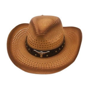 Western Cowboy Straw Hat Woven Wide Brim With Leather Band Bull Head Metal Rivet Sun Protection Summer Beach Unisex