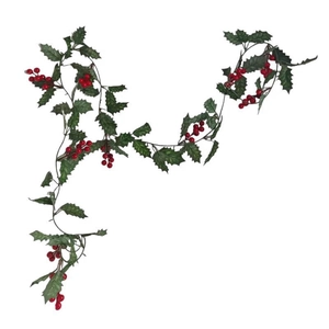Artificial Christmas garland with green holly leaves and red berries on white backdrop