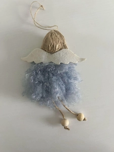 Detail of handmade Christmas angel ornament with light blue plush body and wood beads