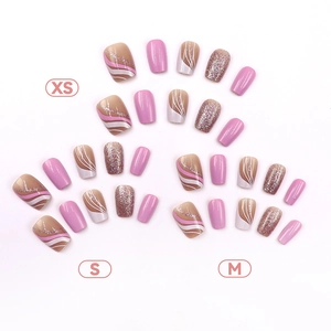 Pink glitter gradient wave press-on nail kit available in XS, S, M sizes for women