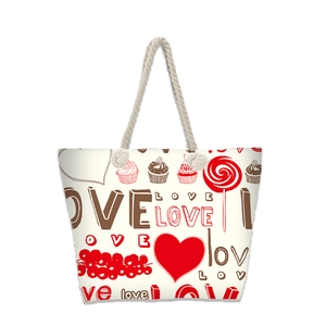 Large canvas beach tote bag with LOVE heart patterns and thick white cotton rope handles