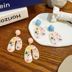 Christmas Cartoon Earrings Acrylic U-Shaped Dangle With Silver Earring Post Cute Santa Snowman Reindeer Holiday Jewelry Women