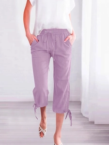 Women's purple cotton linen wide leg cropped trousers with drawstring and tied cuffs